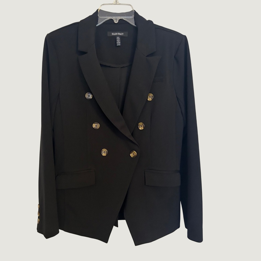 Ellen Tracy Blazer Women Size M Black Excellent Double Breasted Peaked Lapel